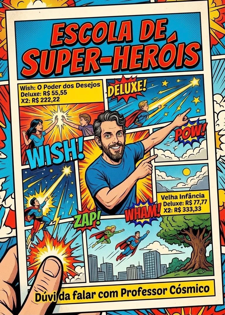 HQ da Escola de Super-Heróis: passaportes Wish e Velha Infância, planos Deluxe e X2 e, no rodapé, Dúvida falar com Professor Cósmico.