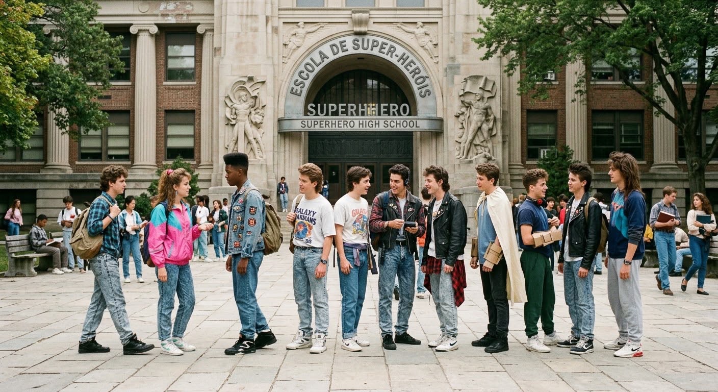 Imagem de apresentação do universo da Escola de Super-Heróis, com uma turma reunida diante de um prédio escolar.