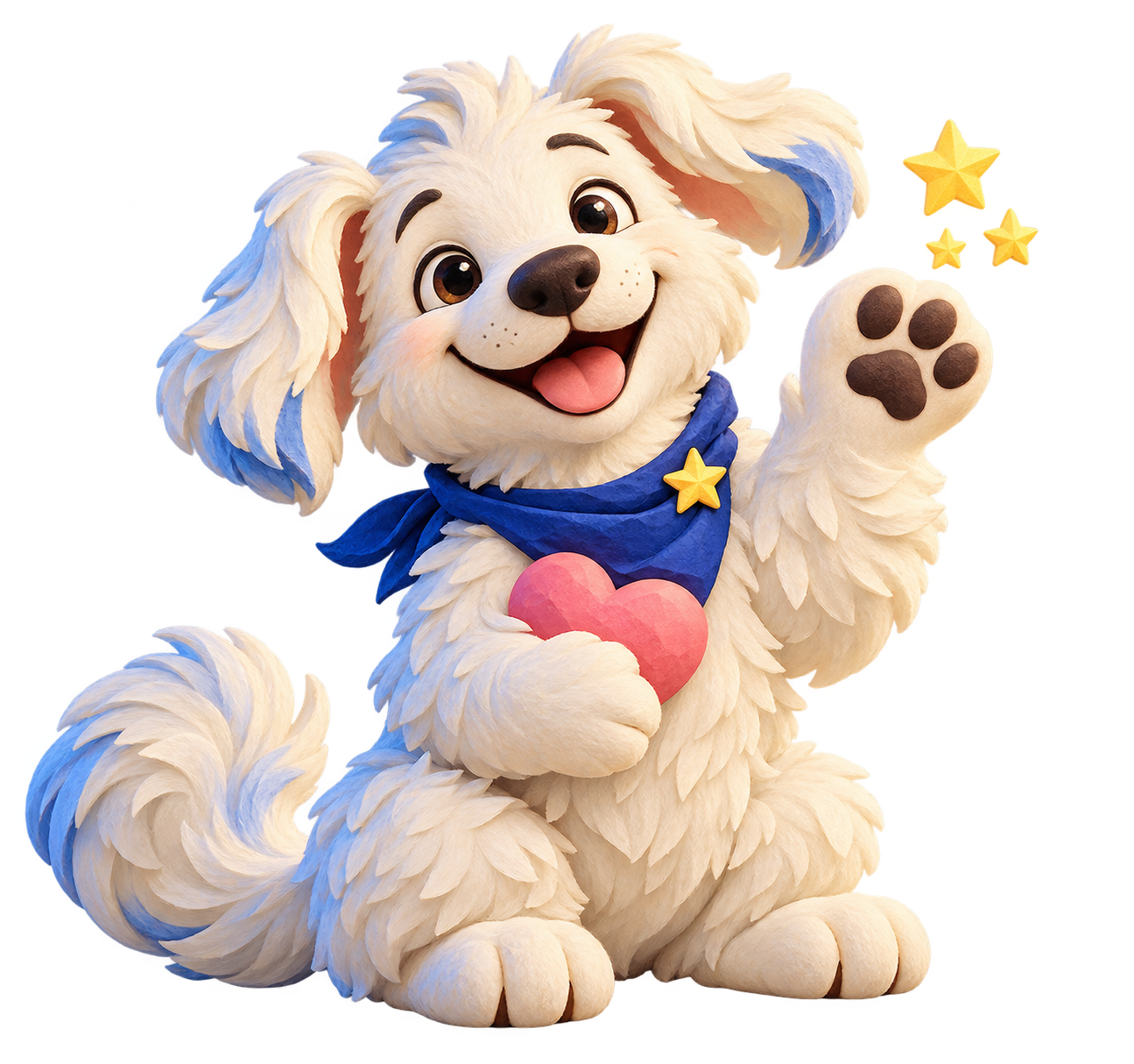 Interpretação ilustrada do Cachorro Cósmico Branco, sorrindo, com lenço azul, coração rosa e uma pata levantada.