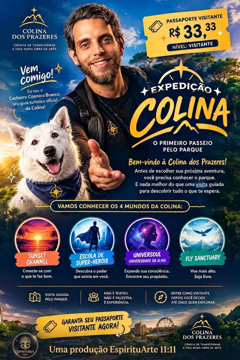 Cartaz conceitual da Expedição Colina, com guia, cachorro branco e os quatro mundos do projeto.